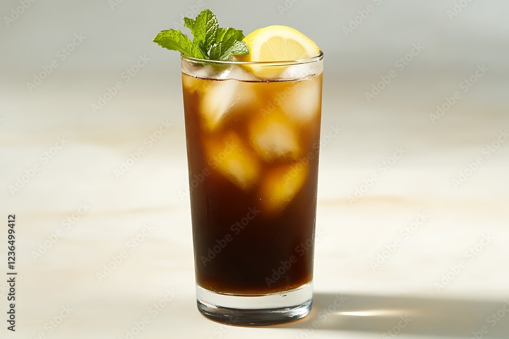 Refreshing Iced Coffee with Lemon & Mint Garnish in Tall Glass Refreshing Iced Coffee with Lemon & Mint Garnish in Tall Glass