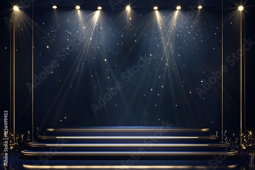 Dark blue stage with gold spotlight lines and shiny texture for award ceremony decoration photo