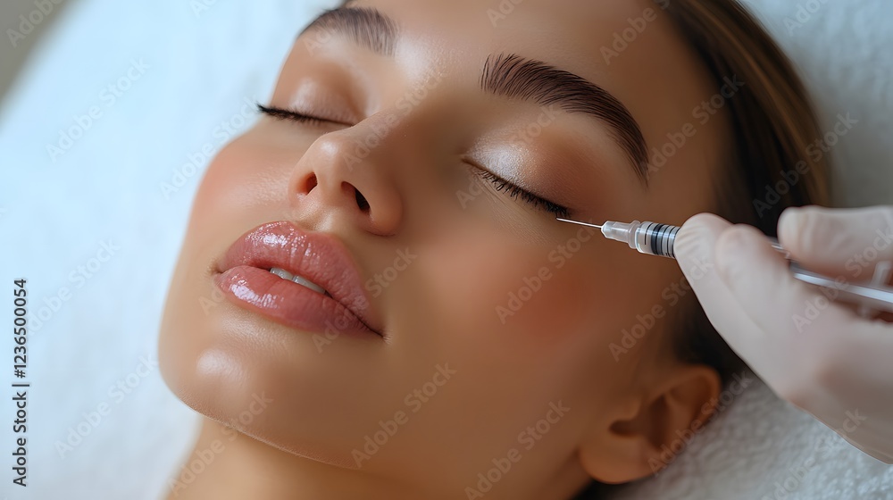 Close-up of a professional injecting Botox into the laugh lines of a womans face, soft lighting, clean background, room for text. Close-up of a professional injecting Botox into the laugh lines of a womans face, soft lighting, clean background, room for text.