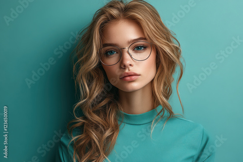 Wallpaper Mural A trendy individual with long, wavy hair and glasses poses in front of a solid turquoise backdrop Torontodigital.ca