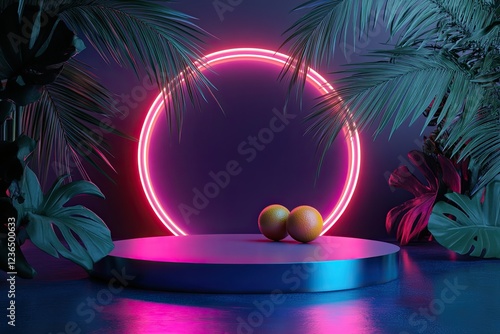 Futuristic neon podium scene template for product presentation with abstract geometric background.