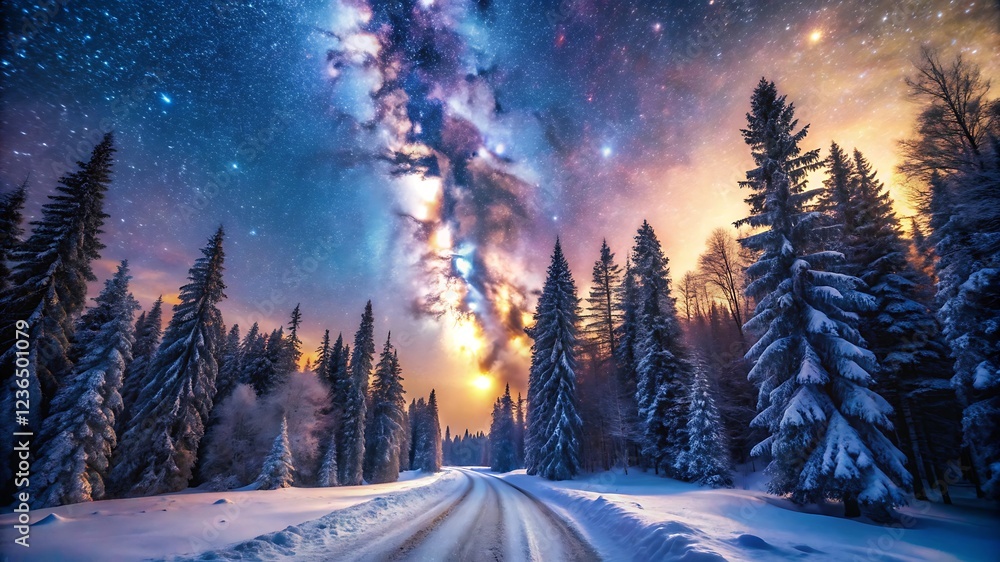 Fototapeta premium Winter Road Under Starry Milky Way Sky – Snowy Landscape with Cosmic Beauty