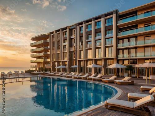 Coastal Resort at Sunset: A luxurious hotel boasting a stunning infinity pool overlooks a breathtaking ocean sunset. The scene evokes tranquility, relaxation, and the promise of a memorable getaway.  photo