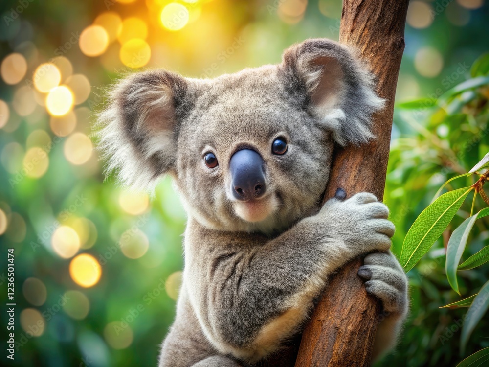 Fototapeta premium Adorable koala, a fuzzy blur against a sun-dappled tree, in its wild Australian home.