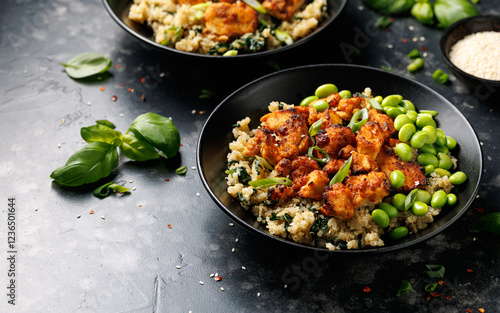 Wallpaper Mural Sweet and sour tofu with spinach quinoa and steamed edamame beans. Healthy food. Torontodigital.ca