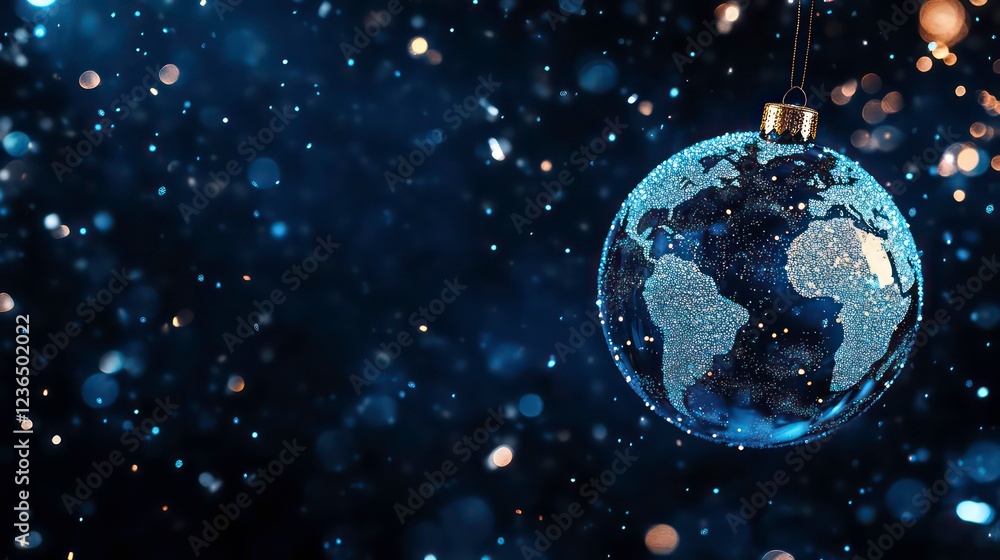 Festive glass globe ornament depicting Earth hanging against a dark blue bokeh background. Festive glass globe ornament depicting Earth hanging against a dark blue bokeh background.
