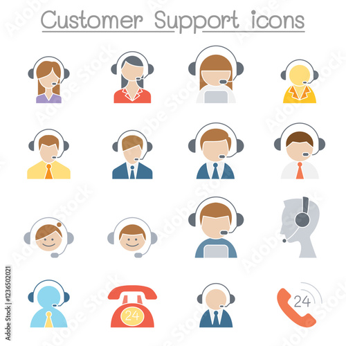 Customer service & Call Center icon set in flat color style