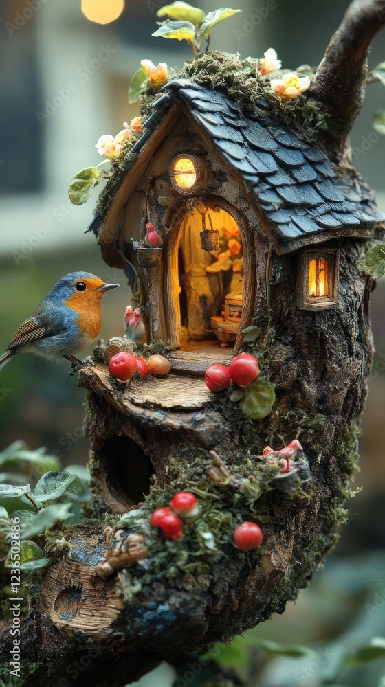 Fototapeta premium Bird sits on a whimsical treehouse. Light inside, with flowers and bright berries.