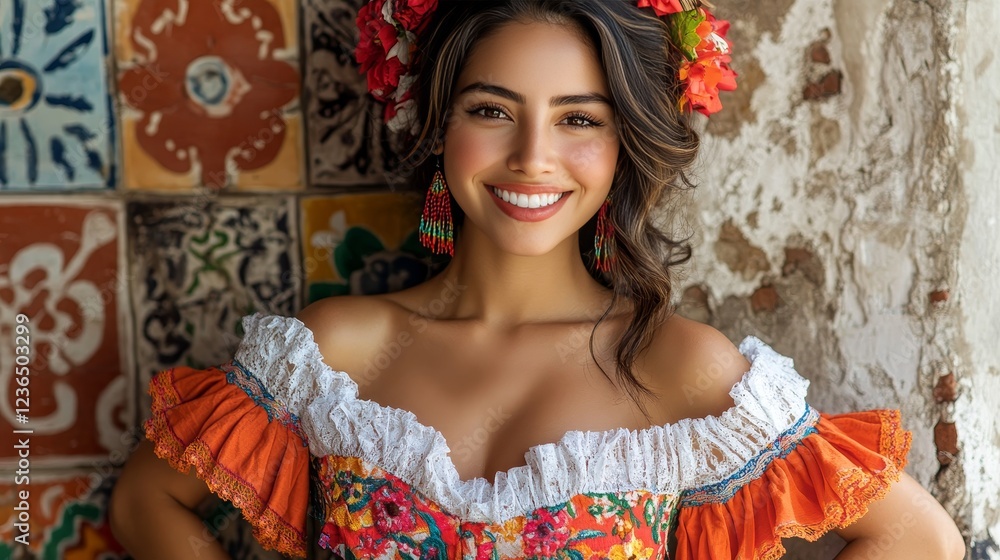 Fototapeta premium Smiling woman in traditional mexican dress