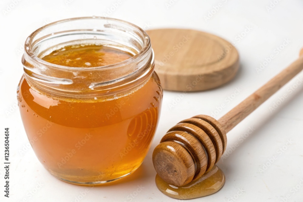 Jar of Honey with Dipper on White Background - Perfect for Culinary and Food Photography Jar of Honey with Dipper on White Background - Perfect for Culinary and Food Photography