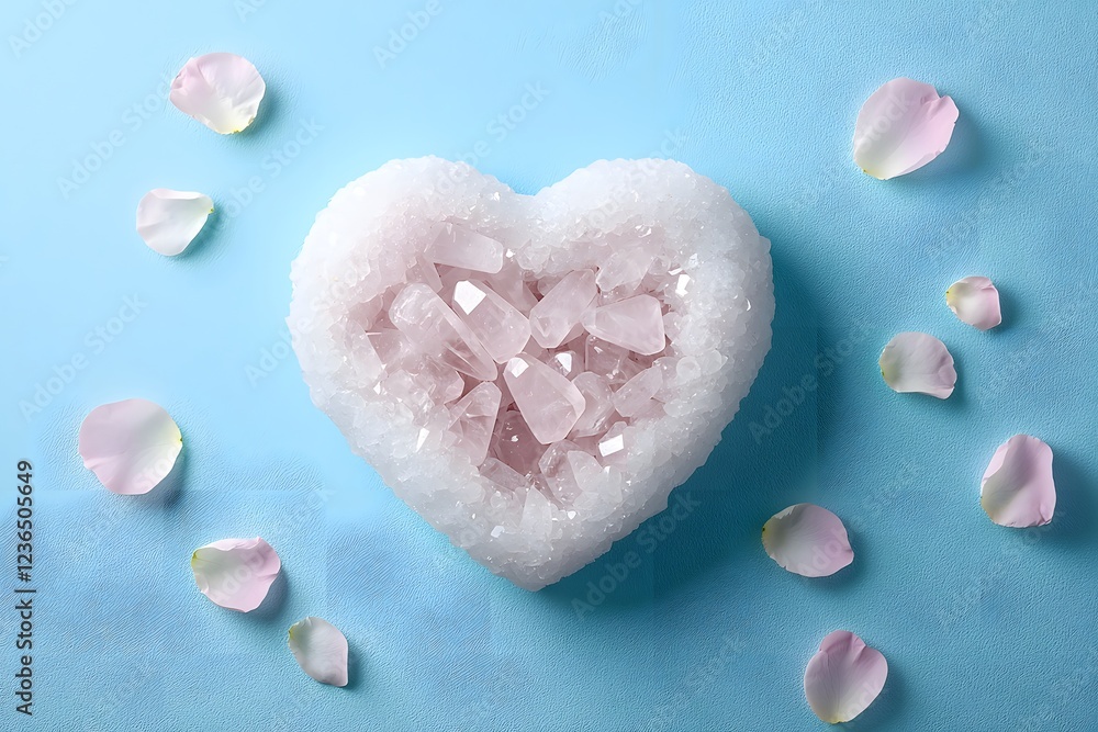 Obraz premium Heart-Shaped Salt Crystal Arrangement with Pink Petals on Blue Surface