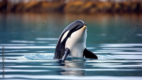 A young killer whale (Orcinus orca) surfacing in Glacier Bay National Park Southeast Alaska United States of America Pacific Ocean North America photo