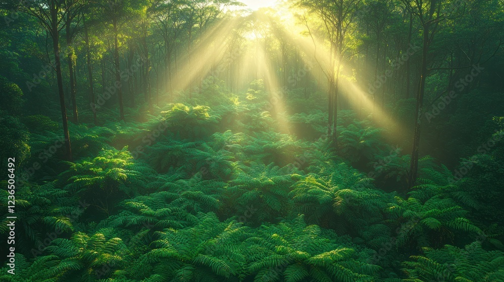 Sunbeams Illuminate Lush Fern Forest Canopy Sunbeams Illuminate Lush Fern Forest Canopy
