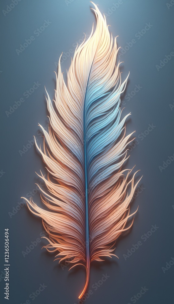Fototapeta premium This exquisite feather design showcases a mesmerizing gradient of blue and orange, creating a captivating visual effect. The intricate details and flowing lines evoke a sense of elegance and
