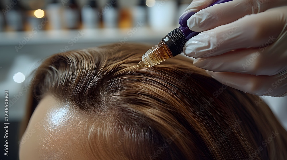 Fototapeta premium High-quality close-up of a hair loss treatment session, professional applying topical solution, soft-focus background for text.
