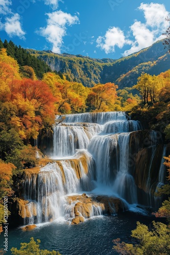 Majestic waterfall cascading through vibrant autumn forests in a serene landscape