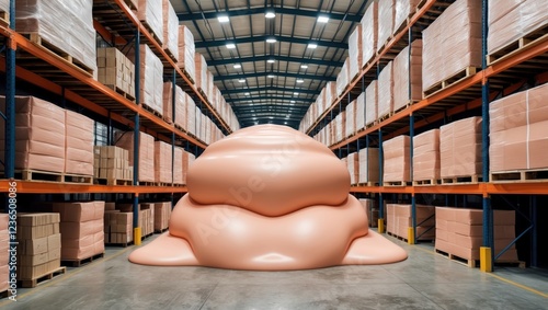 Surreal Blob in Warehouse Surrounded by Stacked Cardboard Boxes photo