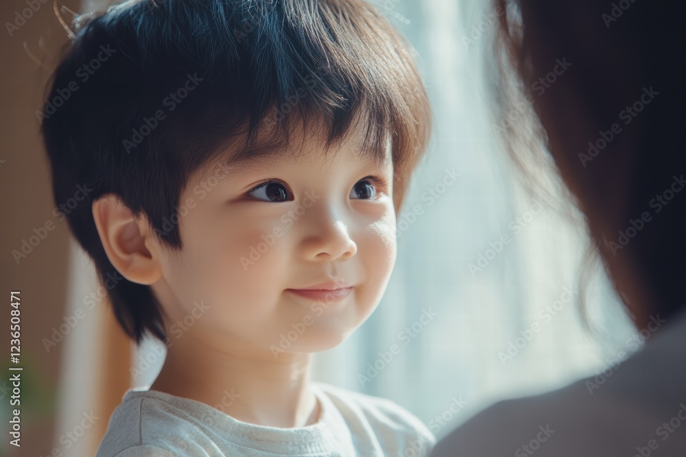 Child gazes lovingly at parent during a warm moment indoors in soft light Child gazes lovingly at parent during a warm moment indoors in soft light