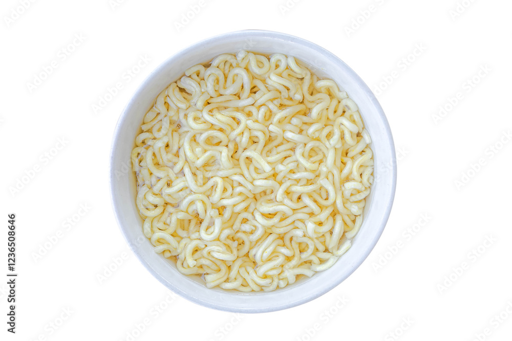 Obraz premium Instant noodles in white bowl on white background. Top view. Asian fast food. PNG
