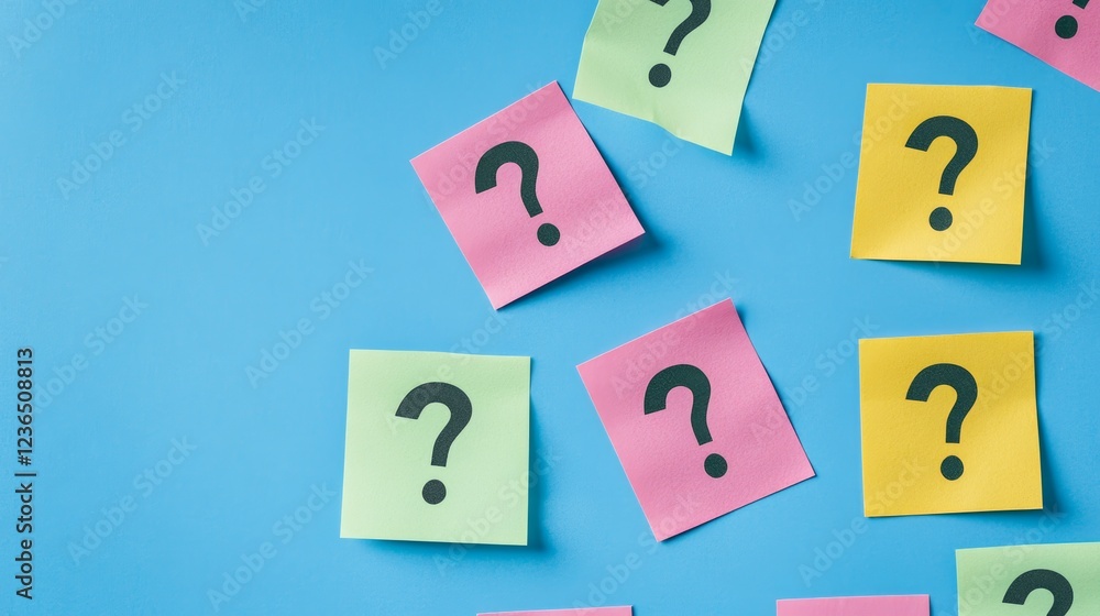 Close up of multi colored sticky papers with question marks on blue background question concept Close up of multi colored sticky papers with question marks on blue background question concept