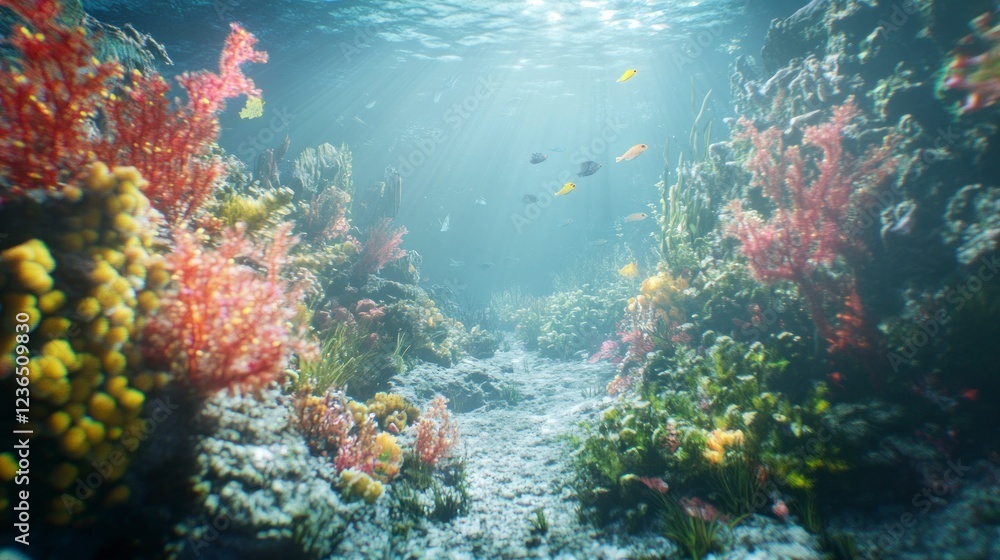 Fototapeta premium A beautiful underwater scene with coral reefs and sea plants, showcasing the natural beauty of marine life in its habitat. 