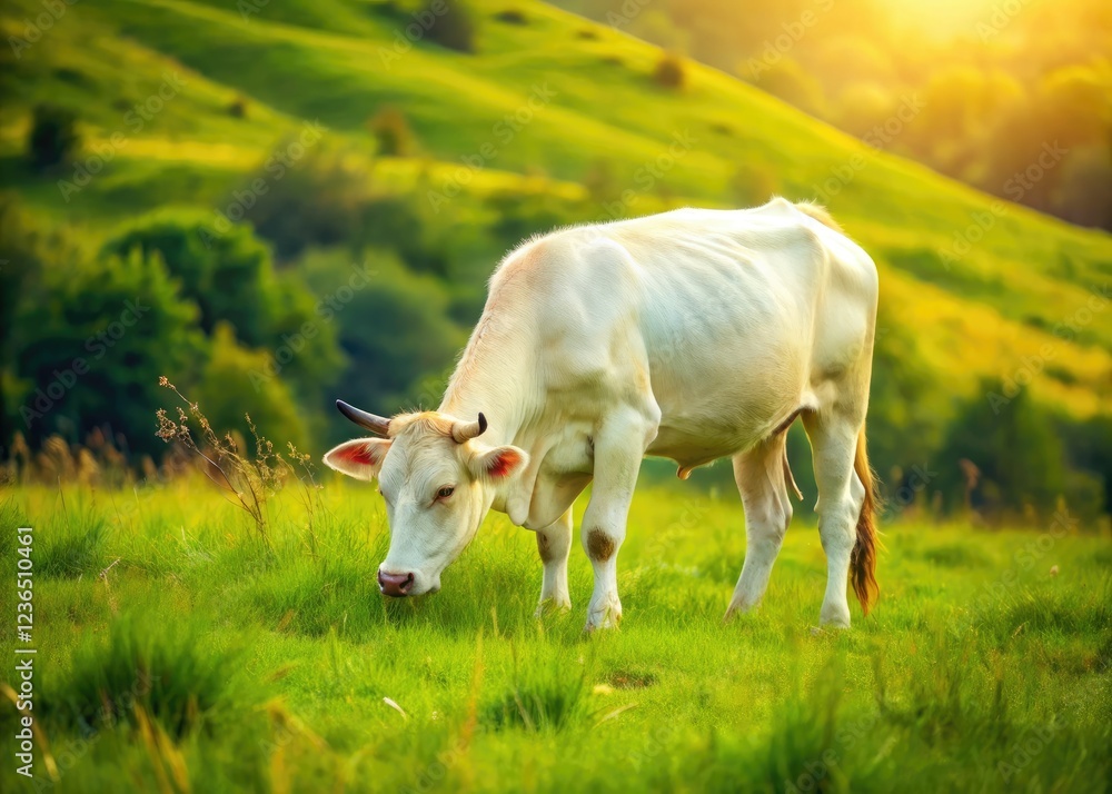 A serene white cow grazes peacefully in a lush summer meadow.