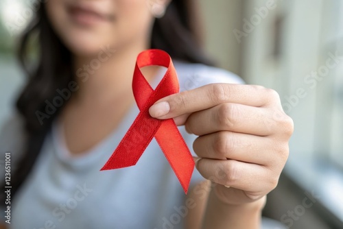 Woman Holding a Red Awareness Ribbon Indoors, Promoting Health Awareness and Support photo