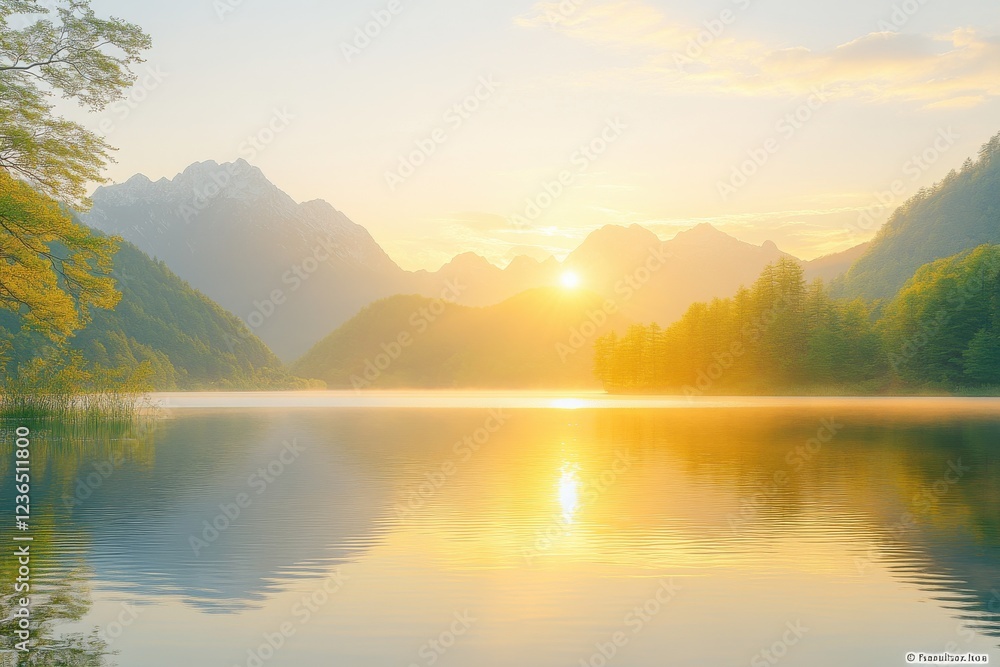 custom made wallpaper toronto digitalBreathtaking Sunrise Over Tranquil Lake, Reflecting Majestic Mountains, Peaceful Natural Landscape
