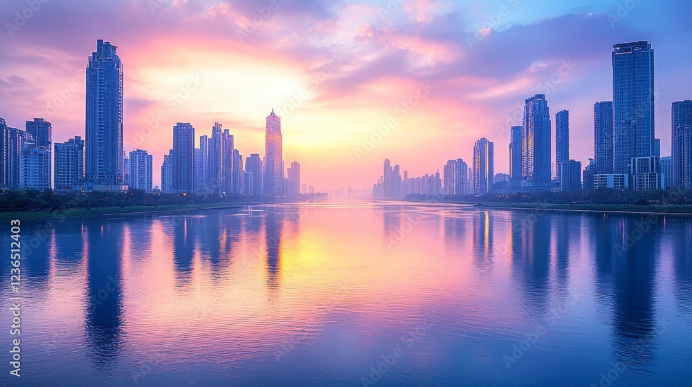 Cityscape sunrise reflecting on calm river Cityscape sunrise reflecting on calm river