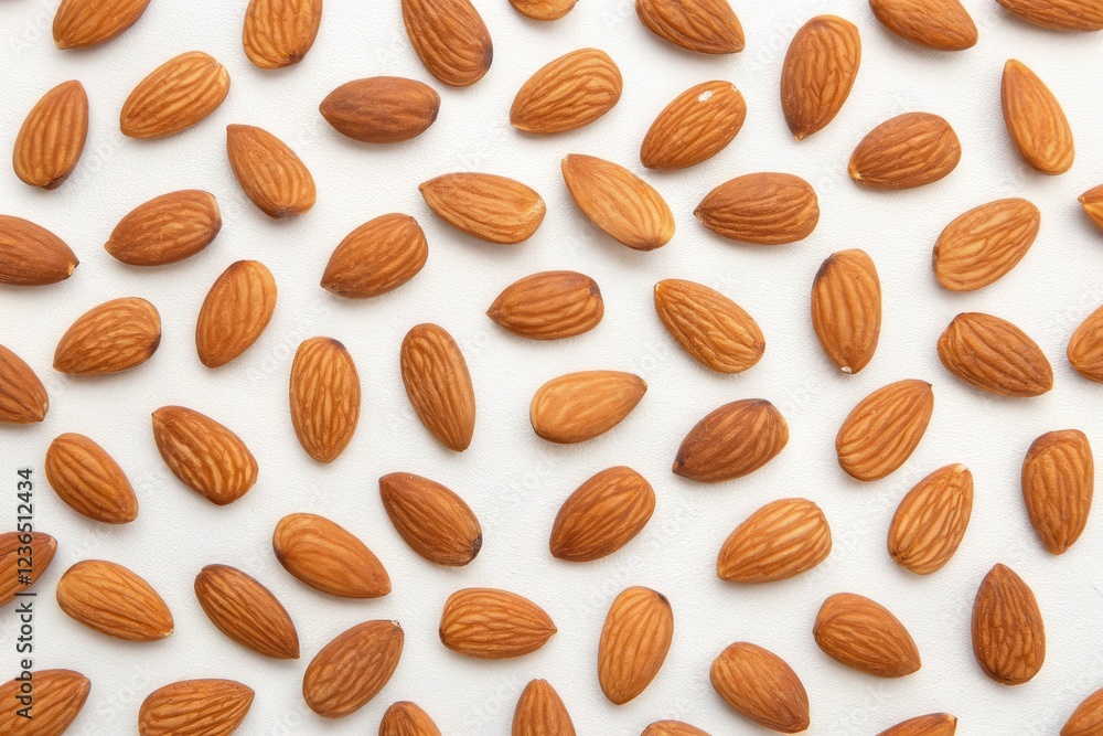 Almonds Scattered on a White Surface - Ideal for Culinary or Health-Themed Content Almonds Scattered on a White Surface - Ideal for Culinary or Health-Themed Content