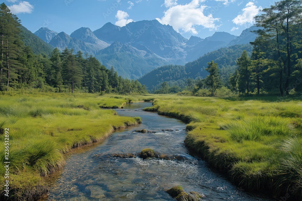 Tranquil stream flows through lush green meadows under a blue sky with mountains in the background Tranquil stream flows through lush green meadows under a blue sky with mountains in the background
