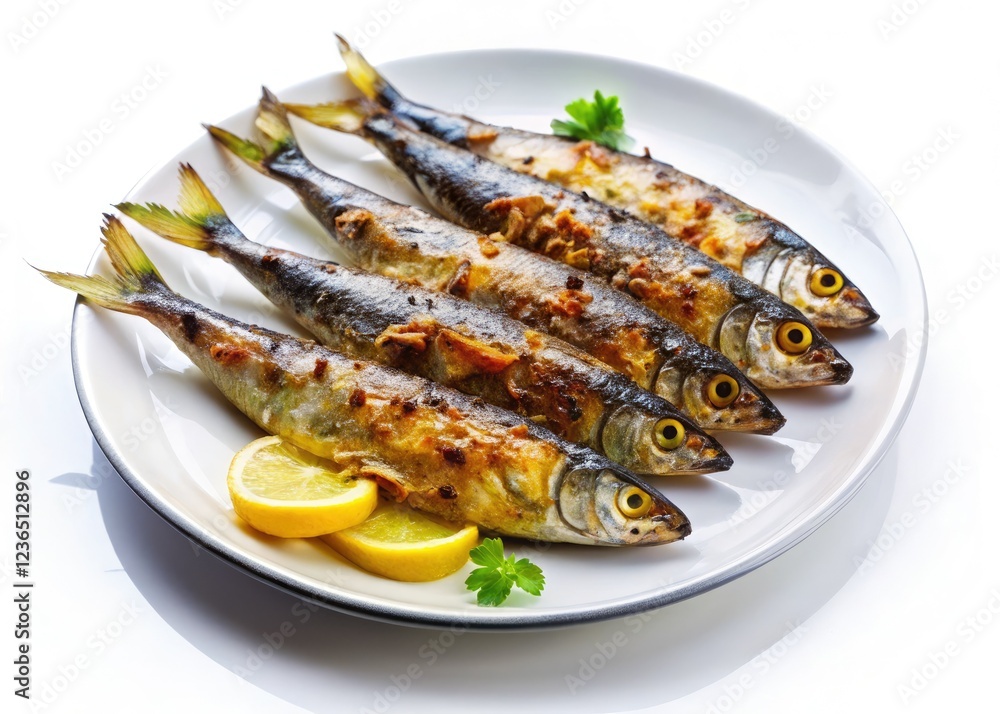 Close-up of grilled sardines, a Spanish culinary delight, showcased on a pristine white plate. Close-up of grilled sardines, a Spanish culinary delight, showcased on a pristine white plate.