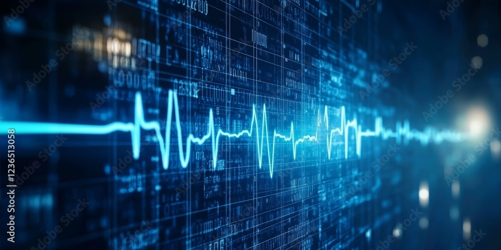 Blue EKG or Heartbeat Line on Digital Matrix, Futuristic Healthcare Technology Background Blue EKG or Heartbeat Line on Digital Matrix, Futuristic Healthcare Technology Background