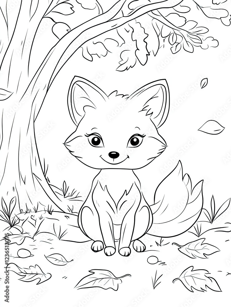 Obraz premium Adorable Fox Coloring Page Autumn Forest Scene
