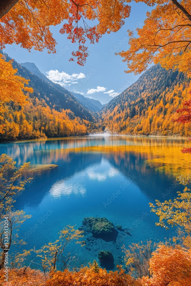 Obraz premium Stunning autumn landscape featuring vibrant foliage and serene lake reflections in the mountains