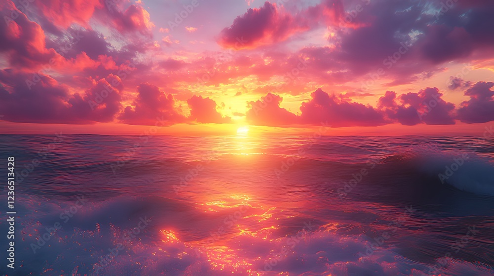Fototapeta premium Vibrant sunset over a calm ocean with pink and orange clouds reflecting on the water.