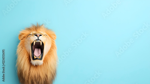 Close-up of a fierce lion roaring with sharp fangs, contrasting against a bright blue backdrop. Ideal for motivational content, animal-themed designs, or impactful branding visuals. Selective focus photo