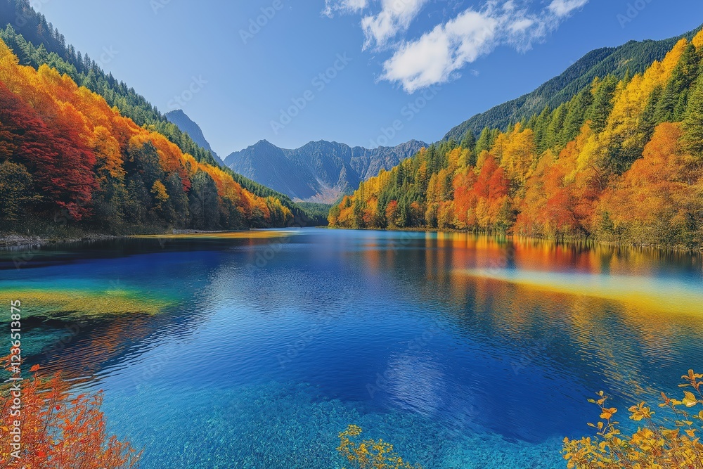 Naklejka premium Vibrant autumn colors reflect in a serene lake surrounded by mountains and trees