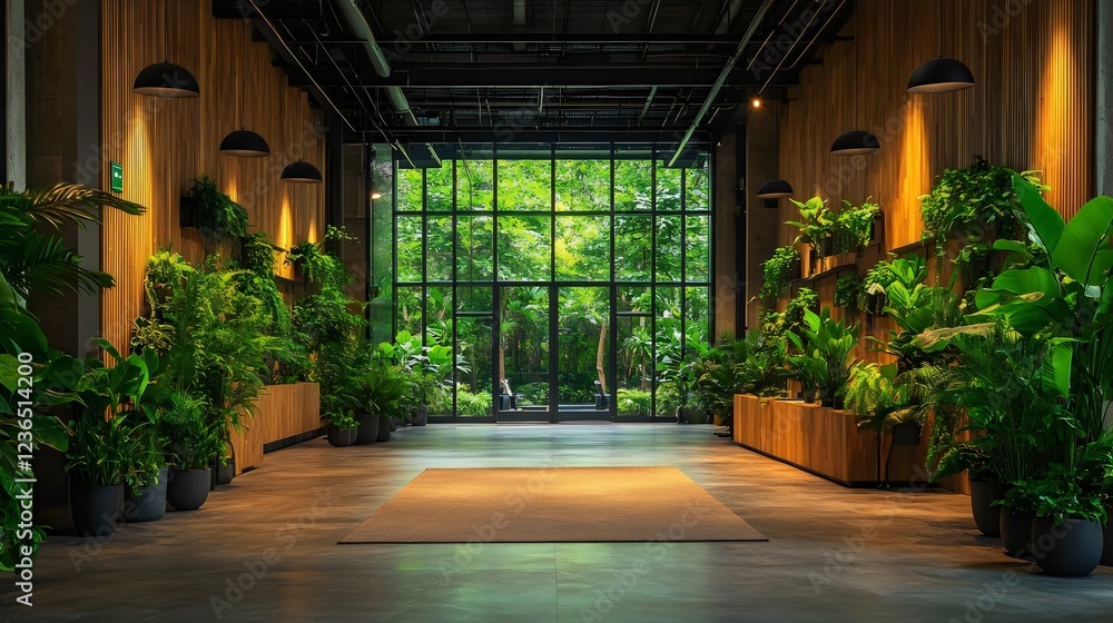 Fototapeta premium A large room with a lot of plants and a rug