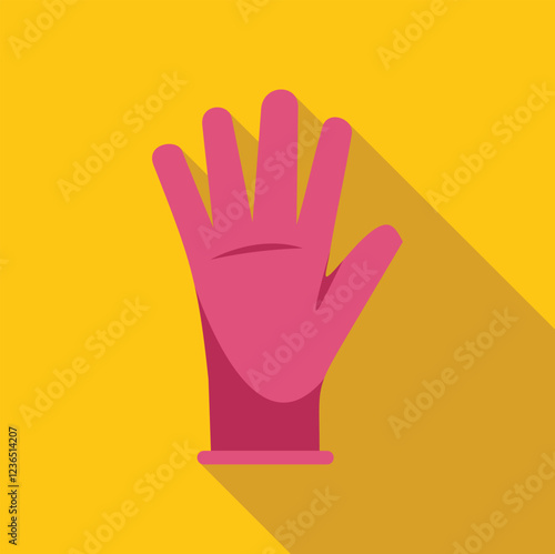 Pink rubber glove open hand gesture with long shadow on yellow background, cleaning service concept