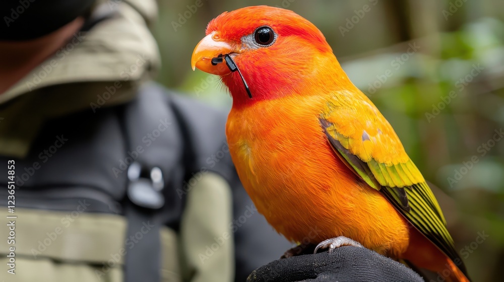 Obraz premium Vibrant Bird Perched on Hand in Nature Setting