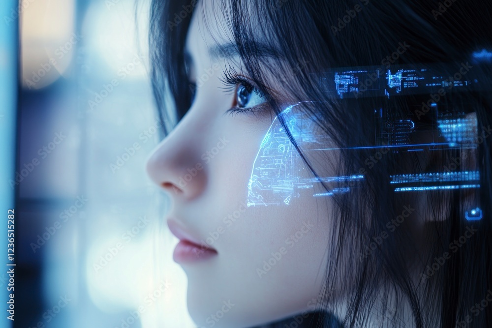 A young woman with long black hair is shown in close-up, her face adorned by an AI eye biometric system interface on the right side of it. A young woman with long black hair is shown in close-up, her face adorned by an AI eye biometric system interface on the right side of it.