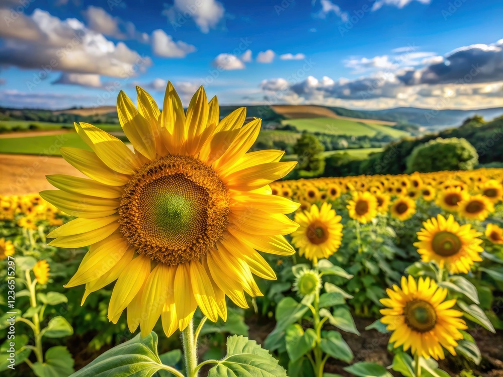 Obraz premium Derbyshire's Barlow Sunflower Fields: breathtaking summer photography captures vibrant blooms under the sun.