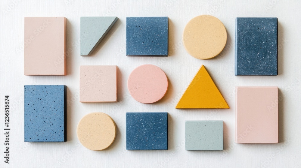 Fototapeta premium Collection of Geometric Shapes in Soft Pastel Colors on White Background