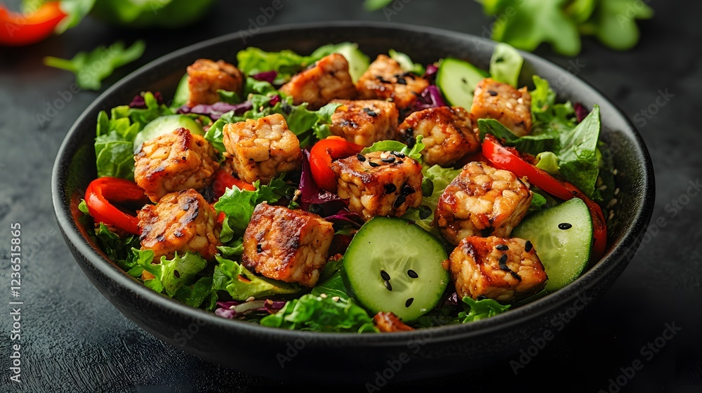 Freshly made vegan salad with tempeh, cucumber, and roasted vegetables, clean background for branding. Freshly made vegan salad with tempeh, cucumber, and roasted vegetables, clean background for branding.