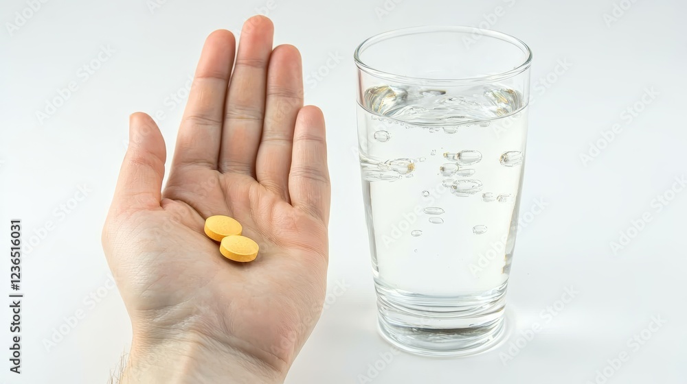 Headache hand with pills medicine tablets and glass of water against white background Headache hand with pills medicine tablets and glass of water against white background
