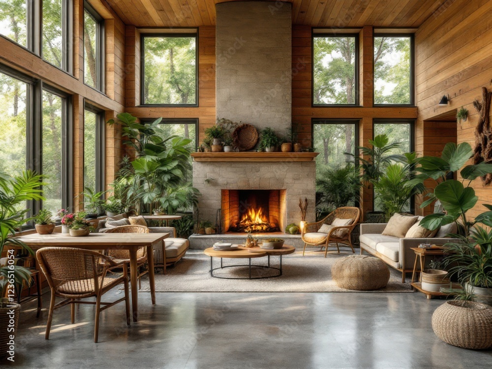 Fototapeta premium Modern Rustic Living Room with Fireplace and Lush Indoor Plants