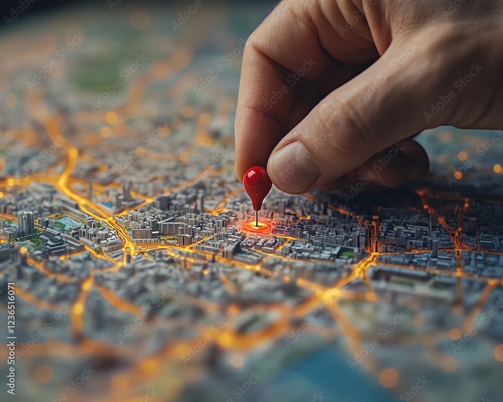 A hand carefully placing a red pin on a detailed city map model, representing navigation, travel, and location identification, highdefinition, 8K render A hand carefully placing a red pin on a detailed city map model, representing navigation, travel, and location identification, highdefinition, 8K render