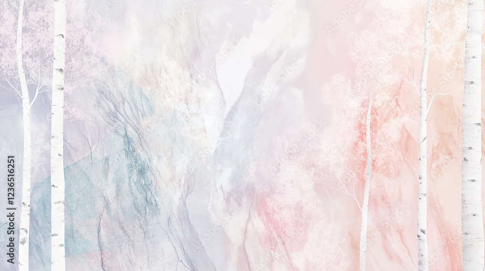 Fototapeta premium Abstract Marble-Like Background with Birch Trees and Pale Pastel Colors. Scandinavian Design Elements Combined with Traditional Japanese Shimenawa.