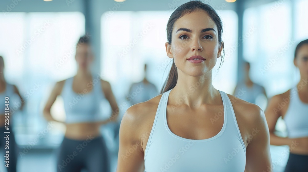 Confident Woman in Fitness Class with Group Training Background Confident Woman in Fitness Class with Group Training Background